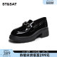 Saturday French thick heel black loafers women's super hot spring new British style leather shoes commuting single shoes
