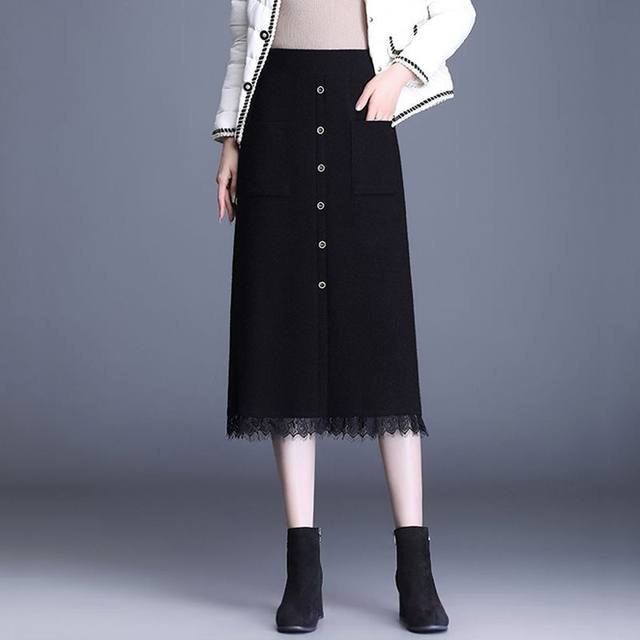 Knitted skirt for women in spring, autumn and winter new mid-length hip-covered skirt waist-hugging and slimming high waist pocket A-line winter skirt
