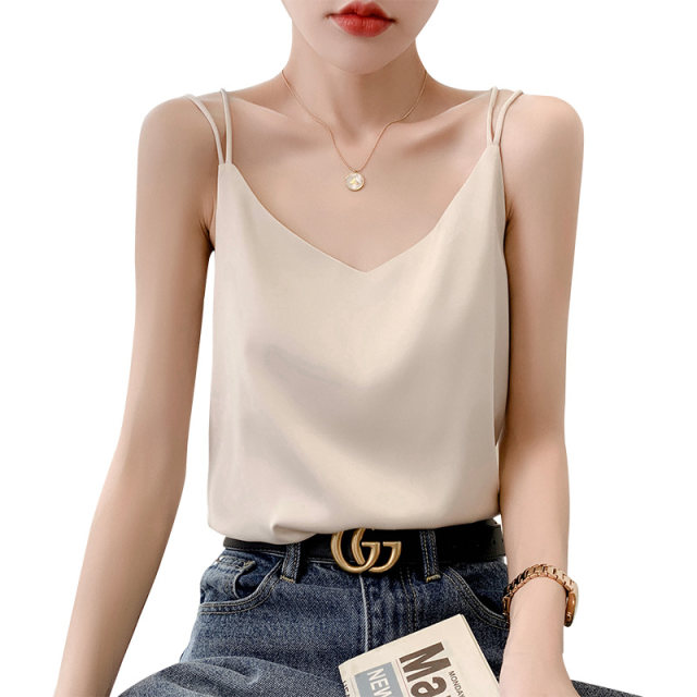 Sling vest female with white beauty -backed acetic acid simulation silk top satin Summer suit imitation mulberry silk bottoming shirt
