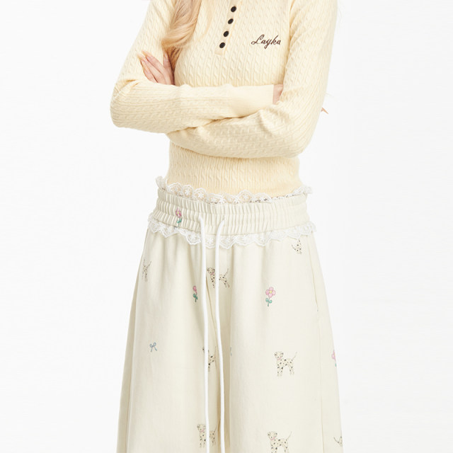 NERESUM milk apricot puppy printed casual trousers loose straight pants lace splicing draped slimming pants
