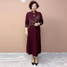 Autumn and winter cheongsam improved dress wool knit warm mother lily medium long dress with coat long skirt