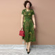 High -end mother short -sleeved silk dresses in summer new V -neck retro seal large size, thin knee long skirt female

