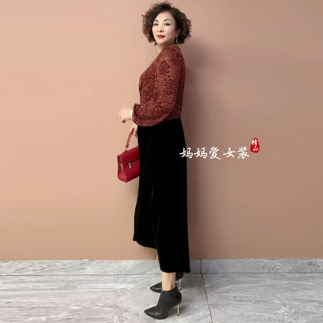 Autumn and winter fashion temperament mother's flesh-covering slimming wide wife's velvet splicing dress loose large size flesh-covering long skirt