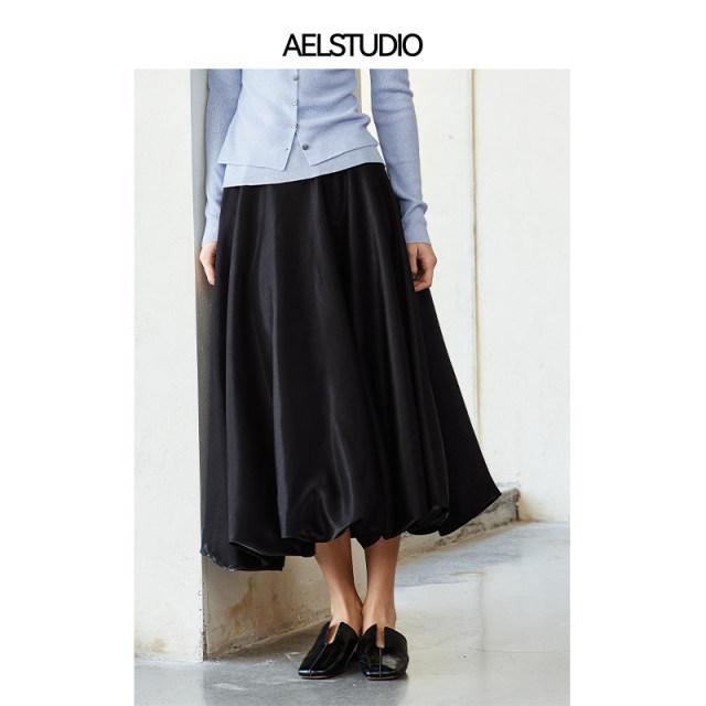 AEL original French white a-line skirt for women 2025 spring light luxury high-end exquisite satin cake puffy skirt

