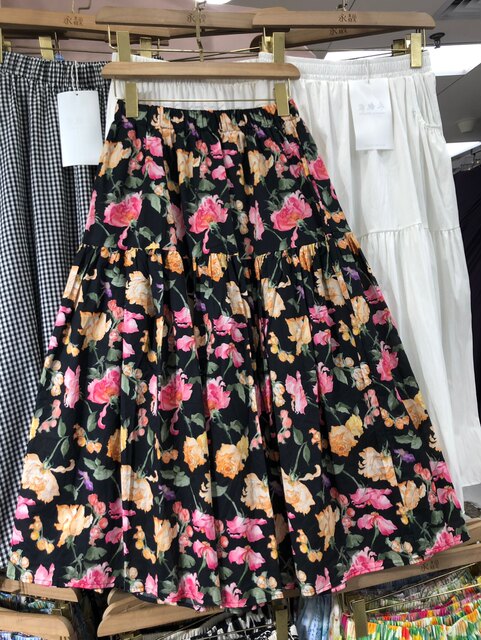 Pastoral style small floral skirt literary and artistic style sweet age-reducing outfit pocket loose slim print midi skirt