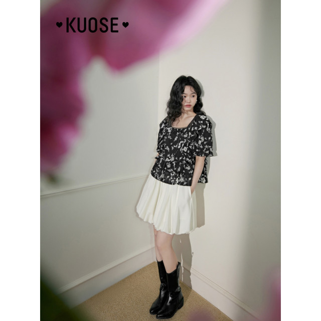 Lazy color new Chinese floral chiffon shirt for women 2024 spring and summer new lace square collar ruffle short top