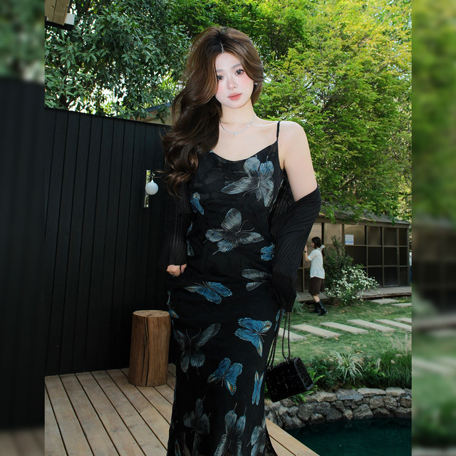 PSG slightly fat large size 2025 summer new retro butterfly socialite style sexy slim suspender dress