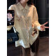 NAZ's large size early spring design sense heavy industry contrast color dog embroidery shirt fat mm tensile linen top
