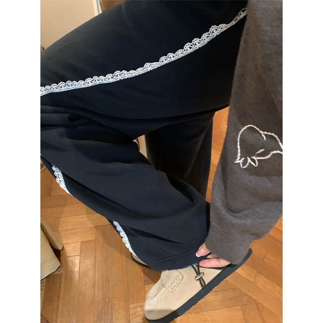 NAZ's large size early spring new lace spliced ​​loose lazy hoodies fat mm high waist straight women's casual pants