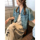 Naz Naizi Large Summer New New Chinese Retro Short National Wind Dip Fat MM short -sleeved denim shirt female
