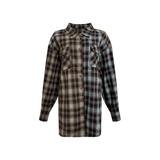 NAZ's large size spring dress American retro loose fashion spliced ​​plaid shirt fat mm letter casual top