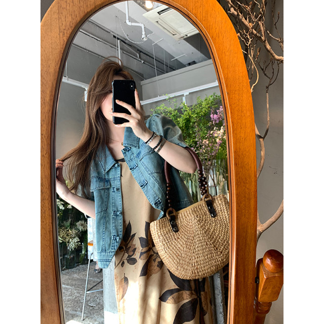 Naz Naizi Large Summer New New Chinese Retro Short National Wind Dip Fat MM short -sleeved denim shirt female
