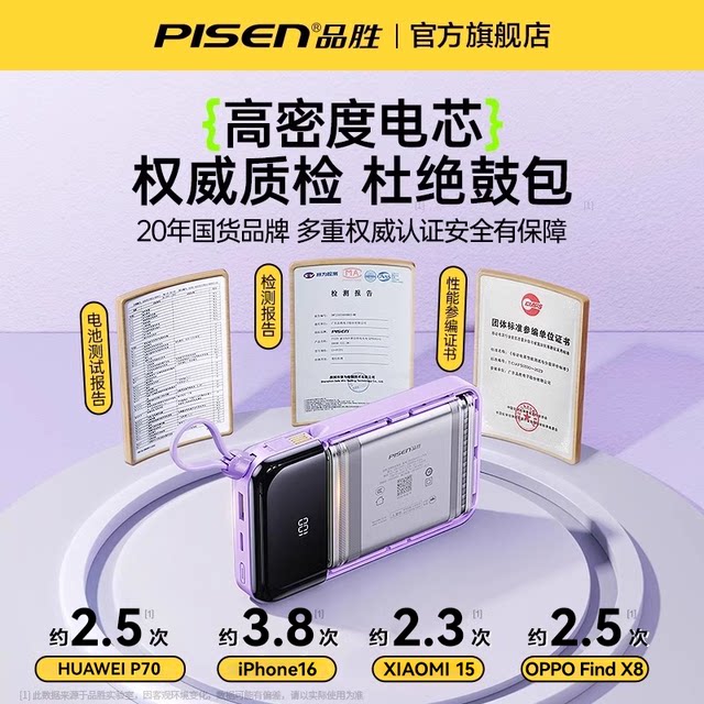 Pinsheng 20000 mAh power bank comes with four-wire large capacity ultra-thin small portable government subsidy mobile power supply suitable for Apple 17 Huawei can board the aircraft