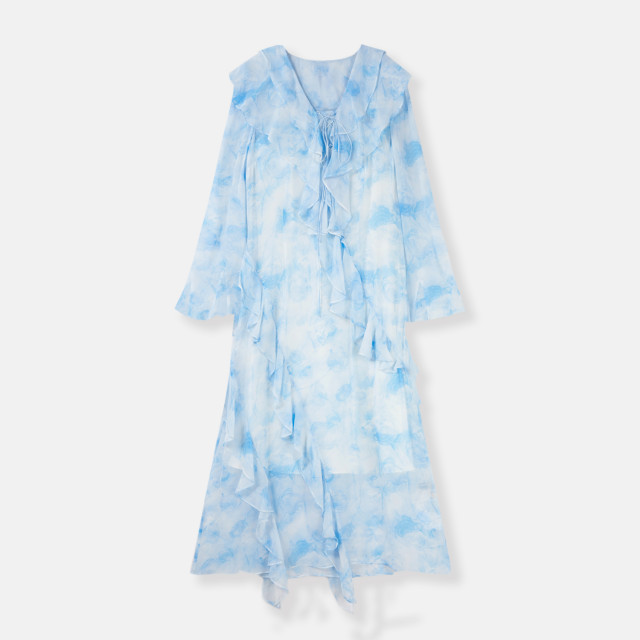 Coconi COCOON 2025 summer new style pink long-sleeved romantic holiday floral flared sleeve dress