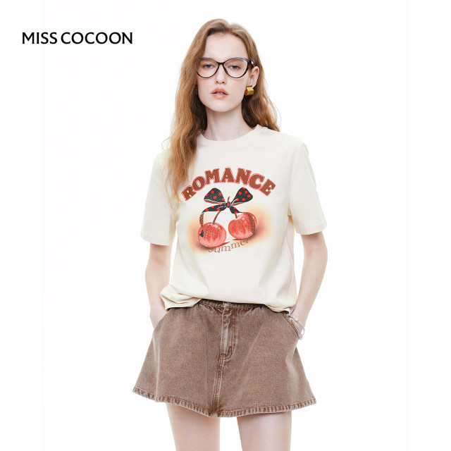 MISS COCOON white pure cotton short-sleeved 2025 summer new iron diamond pattern round neck inner T-shirt