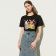 Dplay summer new black short -sleeved cartoon cat T -shirt loose casual female top
