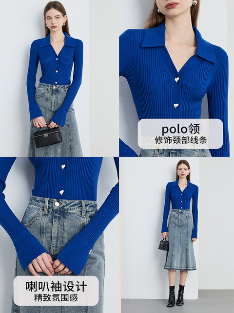 DPLAY2025 Spring Temperament Blue Sweater Slim Knitted Cardigan Top Sweater Women's Knitted Sweater
