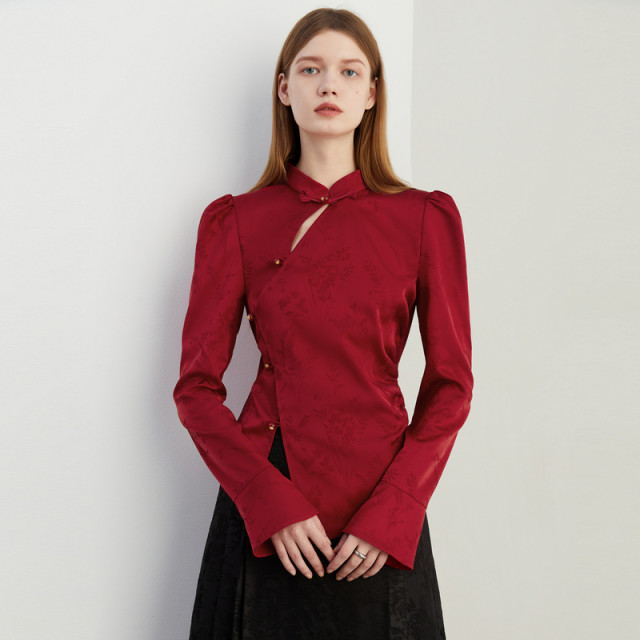DPLAY autumn new Chinese style red stand collar waist-hugging improved national style long-sleeved shirt top for women
