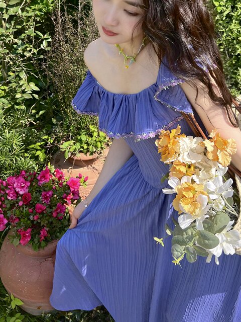 Joe and Joey Blueberry Girl French pastoral style ruffled vacation skirt long dress slim summer