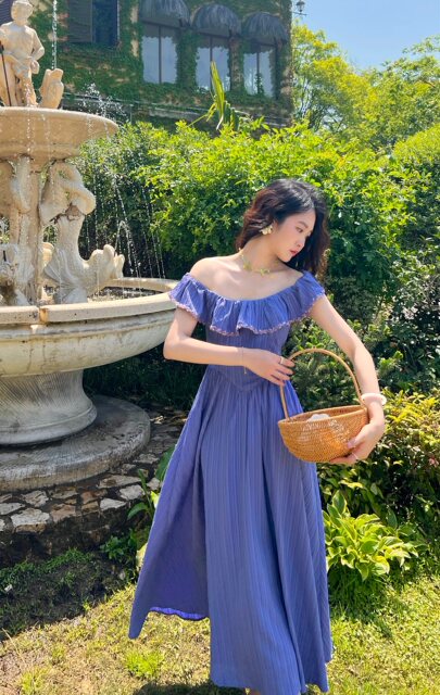 Joe and Joey Blueberry Girl French pastoral style ruffled vacation skirt long dress slim summer