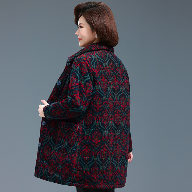 New middle-aged and elderly women's pure cotton mother's winter clothing thickened mid-length cotton clothes jacket loose lapel large size cotton jacket