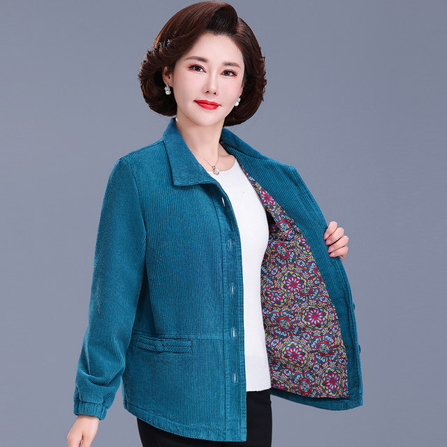 Middle-aged and elderly women's spring and autumn wear corduroy short coat jacket mom's clothes large size corduroy grandma pure cotton top