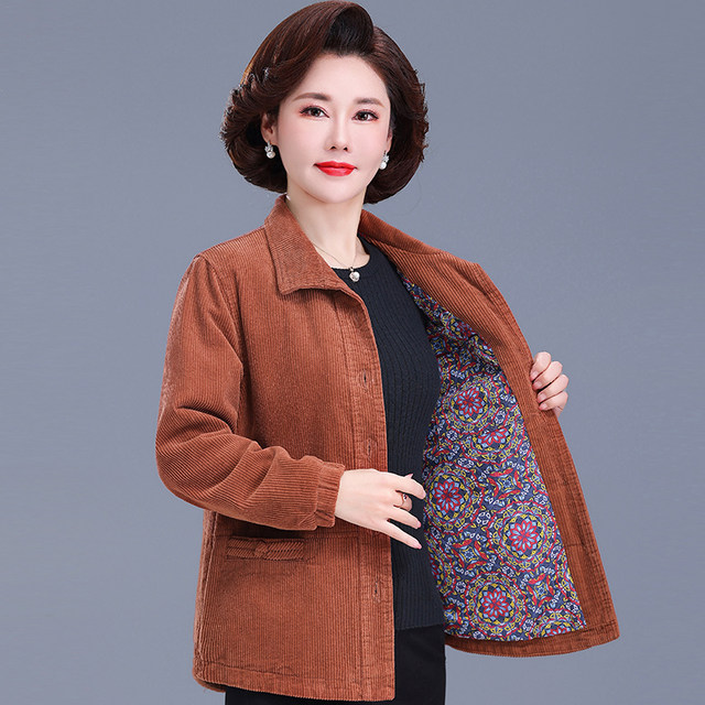 Middle-aged and elderly women's spring and autumn wear corduroy short coat jacket mom's clothes large size corduroy grandma pure cotton top