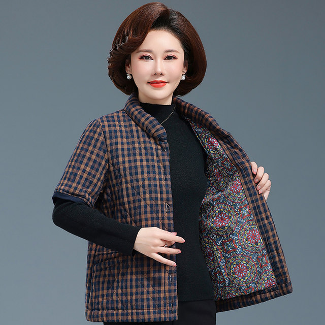 Mom wears autumn and winter short-sleeved cotton vest for women, middle-aged and elderly, thick warm vest, grandma pure cotton plaid jacket vest
