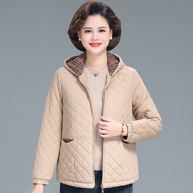 Grandma's spring and autumn pure cotton coat loose thin cotton coat new middle-aged and elderly mother's quilted hooded casual jacket