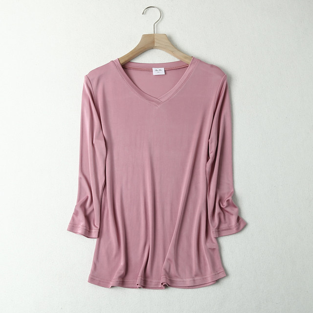 Silk 7-quarter sleeve T-shirt for women with versatile solid color mulberry silk knitted tops with slim V-neck base shirts with multiple colors
