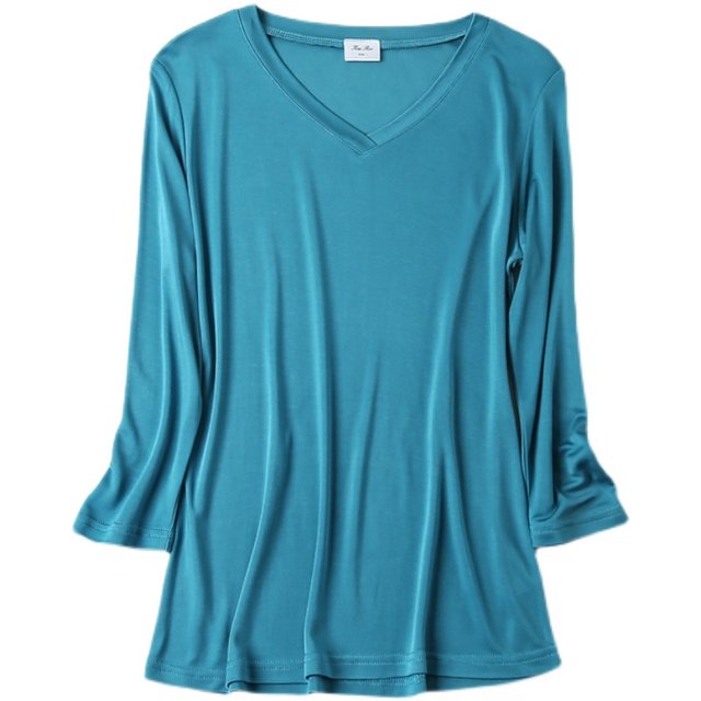 Silk 7-quarter sleeve T-shirt for women with versatile solid color mulberry silk knitted tops with slim V-neck base shirts with multiple colors