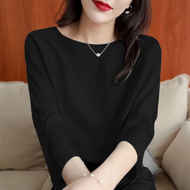 One-length silk shirt top for women's short-sleeved drooping mulberry silk shirt summer new style design sense of seven-quarter sleeves
