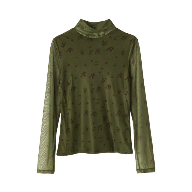 KAKA European customer single half high neck long sleeve floral versatile mesh high elastic slim base shirt skin clothes women's special