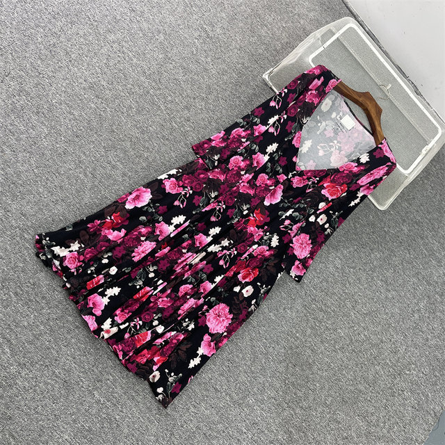 Foreign Trade Europe and the United States Large Size Women's Rose Story V-neck Large Stretch Knitted Cropped Sleeve Dress