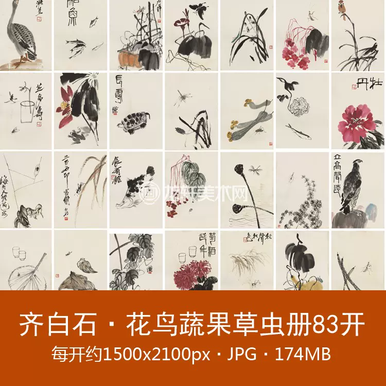 齐白石花鸟蔬果草虫册83开近代水墨花鸟鱼虫画非实物电子图素材-Taobao