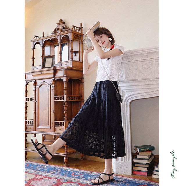 Huaji Q479 black temperament versatile lace skirt 2025 new summer elastic waist cake skirt mid-length
