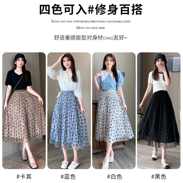 High -end French retro net gauze skirt female 2024 spring and autumn new love medium long skirt puffy skirt implanted velvet skirt
