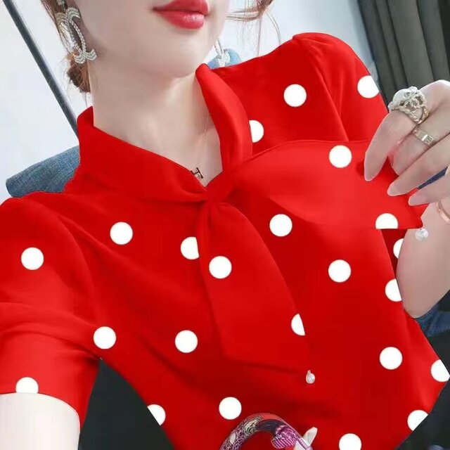 Puff sleeve chiffon shirt for women 2024 summer new loose slim polka dot large size bow short-sleeved top
