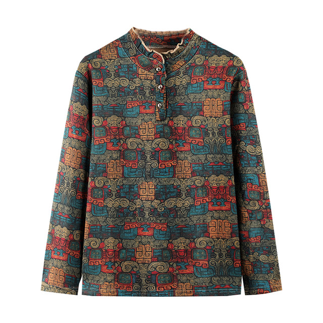 Autumn and winter new printed fungus bottoming shirt for middle-aged and elderly mothers plus velvet and thickened warm clothes grandma women's T-shirt