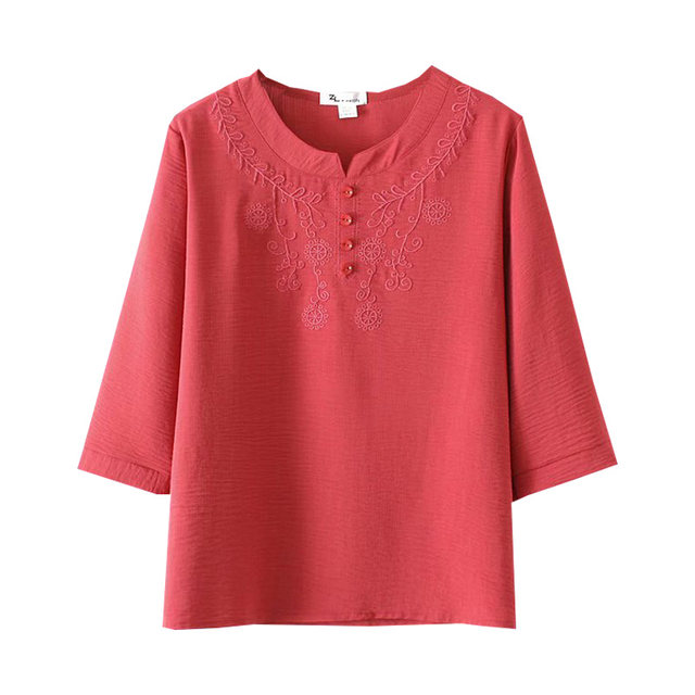 Three-quarter sleeve embroidered small shirt plus size women's clothing for middle-aged and elderly mothers summer clothing ethnic style foreign style mother-in-law cotton and linen T-shirt t
