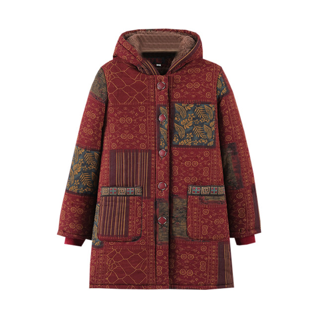 New mid-length printed cotton linen thickened cotton coat for autumn and winter clothes for the elderly, hooded plus velvet warm cotton jacket for the old lady