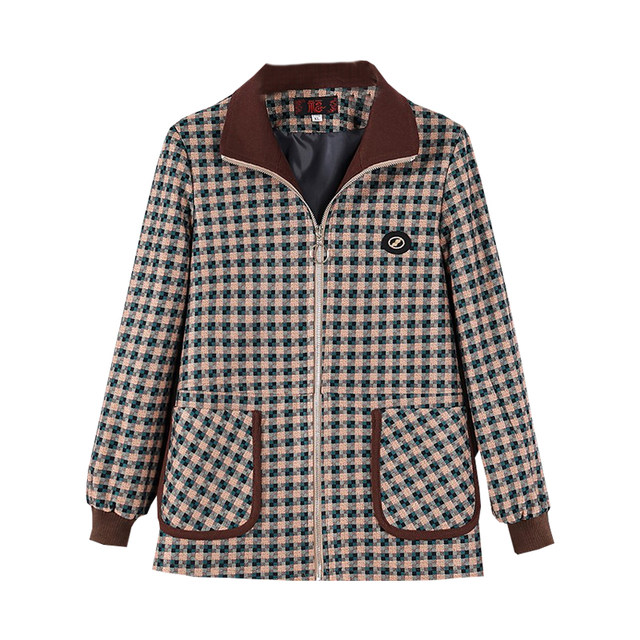 New spring and autumn clothes lapel plaid casual jacket top middle-aged and elderly fashionable mother 50-year-old loose women's jacket