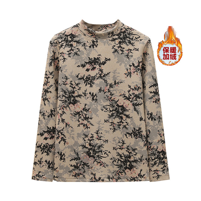 velvet thickened warm bottoming shirt for women t winter clothes new long-sleeved printed shirt for middle-aged and elderly people versatile pullover T-shirt