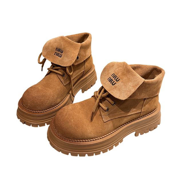 European matte leather Martin boots 2025 new letter lapel motorcycle boots big yellow boots two-wear sponge cake women's shoes