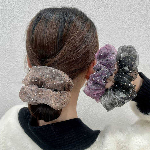 Organza starry large intestine hair ring, elegant and elegant, high-end hair rope, flash drill head rope, coiled hair, ball head flower hair accessory