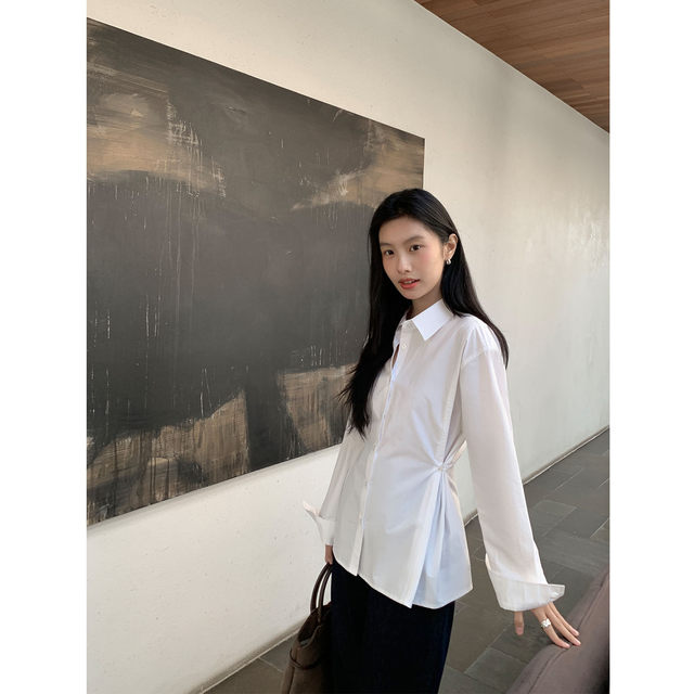MULVAN white long-sleeved waist-closing shirt for women early spring high-end Korean casual shirt layered temperament top