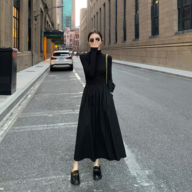 MULVAN turtleneck knitted dress for women thickened autumn and winter temperament waist-hugging over-knee long skirt inner skirt