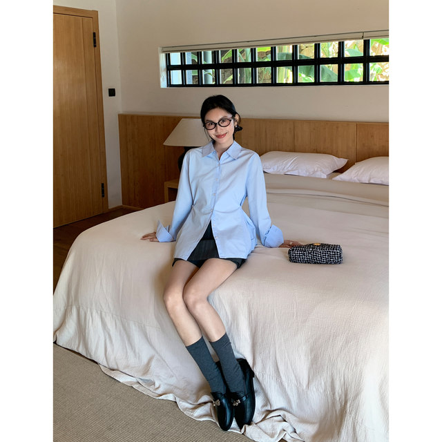MULVAN white long-sleeved waist-closing shirt for women early spring high-end Korean casual shirt layered temperament top