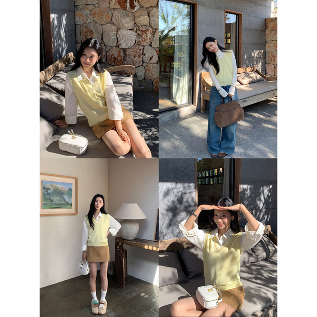 MULVAN Marshmallow Vest Contrast color fake two-piece v-neck knitted vest women's sleeveless vest layered top
