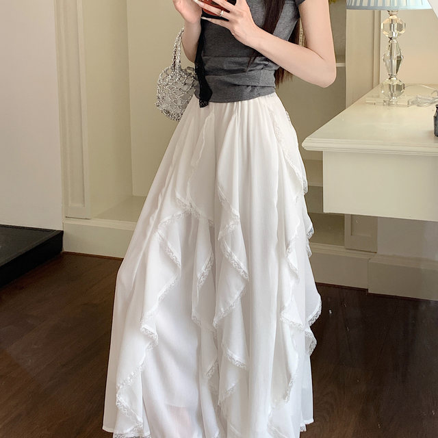 
Large size white ruffled irregular high waist skirt with female fat summer sister gentle drooping slim and versatile long skirt